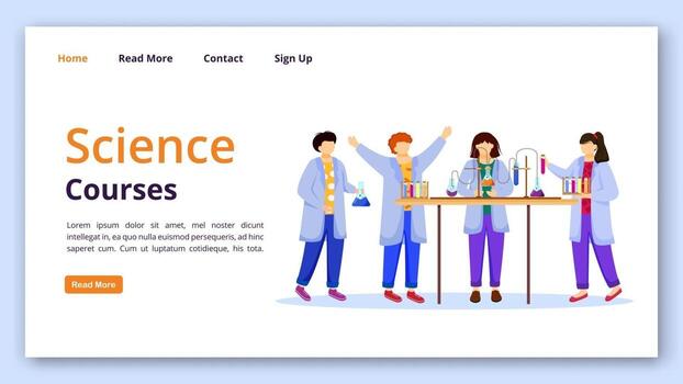 Science courses landing page vector template. Chemistry experiments for kids website interface idea with flat illustrations. Practical lessons omepage layout, web banner, webpage cartoon concept