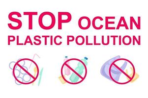 Stop plastic pollution in ocean flat concept icons set. Ecology protection. Waste reduce and refuse. No plastic stickers, cliparts pack. Isolated cartoon illustrations on white background vector