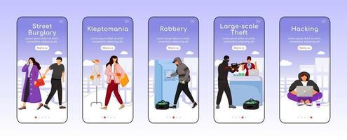 Criminal acts onboarding mobile app screen flat vector template. Property, money theft. Robbery. Walkthrough website steps with characters. UX, UI, GUI smartphone cartoon interface, case prints set