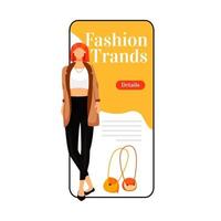 Fashion trends cartoon smartphone vector app screen. Catwalk model style. New designer outfits. Mobile phone display with flat character design mockup. Designer clothes application telephone interface