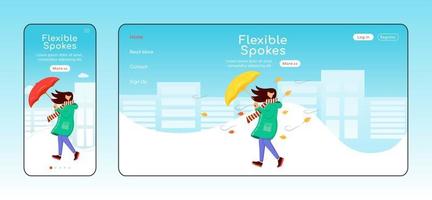 Flexible spokes landing page flat color vector template. Woman in raincoat homepage layout. Mobile display. Windy weather one page website interface, cartoon character. Walking lady banner, webpage