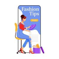 Fashion tips cartoon smartphone vector app screen. Creating, sewing clothes. Designing diy outfits. Mobile phone display with flat character design mockup. Designer application telephone interface