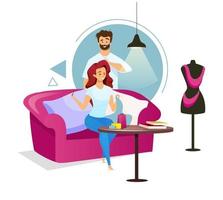 Couple in sewing studio flat color vector illustration. Woman making clothes on sofa. Fashion designer creating garment with colleague. Isolated cartoon character on white background