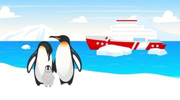 Antarctic wildlife flat vector illustration. Emperor penguins. Marine flightless bird family. Winter snow landscape. Boat in ocean. Ship in sea on background. Arctic animal cartoon characters