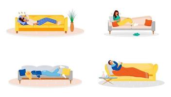 Lying on couch flat color vector faceless characters set. Sick people resting on sofa. Unwell man. Ill woman. Weakness from flu. Disease symptoms isolated cartoon illustrations on white background