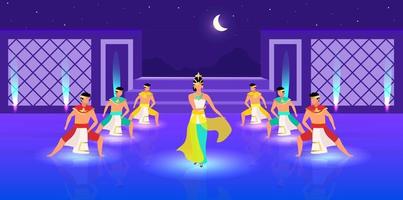 Indonesian dances flat vector illustration. Traditional celebration. Asian celebration. Men and woman dressed in traditional clothing cartoon characters by night