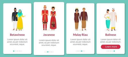 Indonesian ethnic groups onboarding mobile app screen vector template. Culture and traditions. Walkthrough website steps with flat characters. UX, UI, GUI smartphone cartoon interface concept