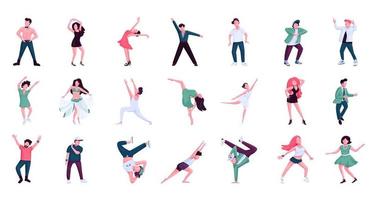 People dancing flat color vector faceless characters set. Ballet, hip hop male and female dancers. Historical and contemporary dance styles isolated cartoon illustrations on white background