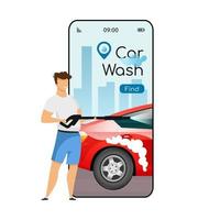 Car wash cartoon smartphone vector app screen. Mobile phone display with flat character design mockup. Self service auto cleaning. Carwash stations searching application telephone interface