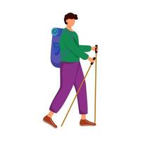 Man with hiking sticks flat vector illustration. Camping activity. Cheap travelling choice. Active vacation. Budget tourism. Walking tour isolated cartoon character on white background