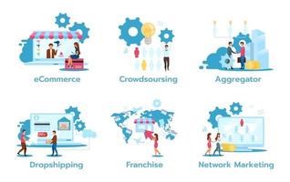 Business model flat vector illustrations set. E-commerce. Crowdsourcing. Aggregator. Dropshipping. Franchise. Network marketing. Trading strategies. Isolated cartoon characters