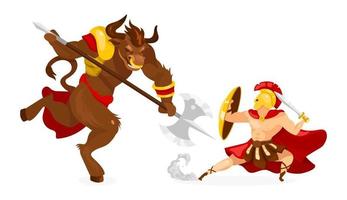 Theseus and Minotaur flat vector illustration. Greek mythology. Ancient story and legend. Hero fighting mythological creature. Warrior with sword isolated cartoon character on white background