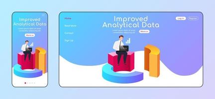 Improved analytical data adaptive landing page flat color vector template. Businessman with laptop mobile and PC homepage layout. CRM one page website UI. Diagram webpage cross platform design