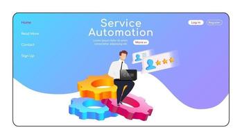 Service automation landing page flat color vector template. Man sitting on gears homepage layout. CRM system one page website interface, cartoon character. Business optimization web banner, webpage