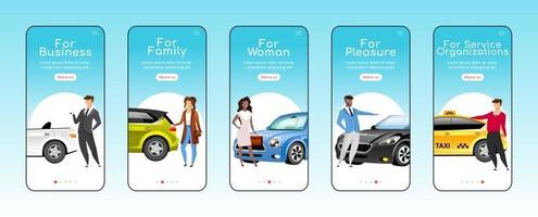 Car types onboarding mobile app screen flat vector template. Automobiles for different purposes. Walkthrough website steps with characters. UX, UI, GUI smartphone cartoon interface