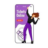 Tickets online cartoon smartphone vector app screen. Lead vocalist. Rock musician. Concert, gig. Event. Mobile phone display with flat character design mockup. Application telephone cute interface