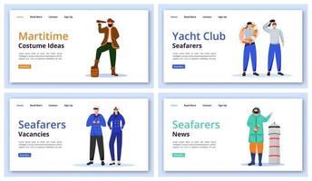 Maritime characters landing page vector templates set. Marine costumes website interface idea, flat illustrations. Yacht club ideas homepage layout. Seafarers news web banner, webpage cartoon concept