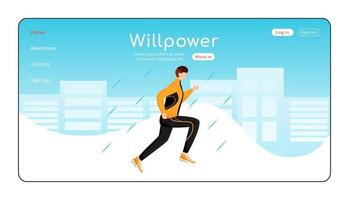 Willpower landing page flat color vector template. Athlete homepage layout. Wet weather one page website interface with cartoon character. Male in sportswear and sneakers web banner, webpage