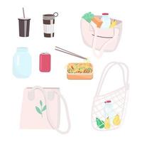 Zero waste flat color vector objects set. Reusable bags for shopping, thermo mug, takeaway food container with noodles. Plastic free handbags. 2D isolated cartoon illustrations on white background