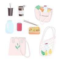 Conjunto de objetos vectoriales de color plano de cero residuos. bolsas reutilizables para la compra, termo taza, recipiente de comida para llevar con fideos. bolsos sin plástico. 2d ilustraciones de dibujos animados aislados sobre fondo blanco vector