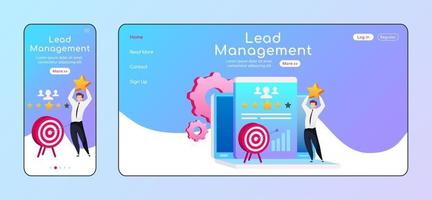 Lead management adaptive landing page flat color vector template. Male standing on laptop mobile, PC homepage layout. Client information one page website UI. CRM software webpage cross platform design