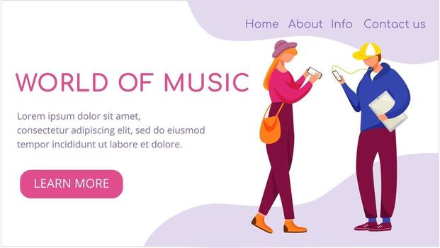 World of music landing page vector template. Internet communication website interface idea with flat illustrations. Blogging homepage layout. Teens using phones web banner, webpage cartoon concept