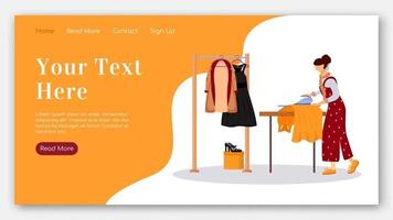 Ironing clothes landing page flat color vector template. Dry cleaning service homepage layout. Prepare outfits one page website interface with cartoon illustration. Atelier banner, webpage