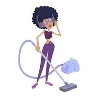 Woman in headphones vacuum cleaning flat cartoon vector illustration. Capricorn zodiac sign girl. Ready to use 2d character template for commercial, animation, printing design. Isolated comic hero