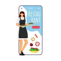 Pantalla de aplicación de vector de teléfono inteligente de dibujos animados de restaurante de hotel. Pantalla de teléfono móvil con maqueta de diseño de personajes planos de chef. pedido de comida, menú. interfaz de teléfono de aplicación de servicio de catering