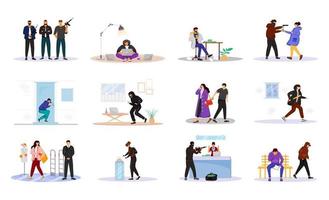 Criminals flat color vector faceless characters set. Criminal grouping. Housebreakers. Corruption. Armed robbery. Property theft. Pickpocket. Felons isolated cartoon illustrations on white background