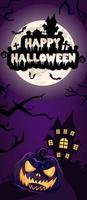 Happy Halloween vertical banner template. Scary, spooky pumpkin with haunted house and moon illustration. Autumn holiday night creepy background with lettering. Helloween creepy, gothic poster layout vector