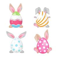 Cute bunnies behind Easter eggs cartoon characters set. Holiday greeting card design elements. Adorable and funny pascha symbols. Huge eggs with rabbit ears and paws isolated sticker, patch on white vector