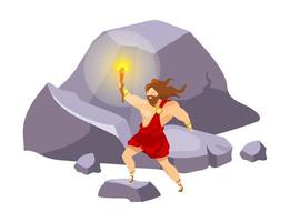 Prometheus flat vector illustration. Divine hero stealing fire. Preolympian titan with beacon on mountain. Traveling and exploring. Man with torch isolated cartoon character on white background