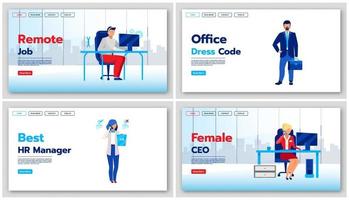 Business landing page vector templates set. Office dress code website interface idea with flat illustrations. Best HR manager homepage layout. Remote job web banner, webpage cartoon concept