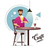 Craft beer production flat color vector illustration. Microbrewery. Small brewery. Homebrewer. Man with pint of beer at table. Guy in bar, pub. Isolated cartoon character on white background