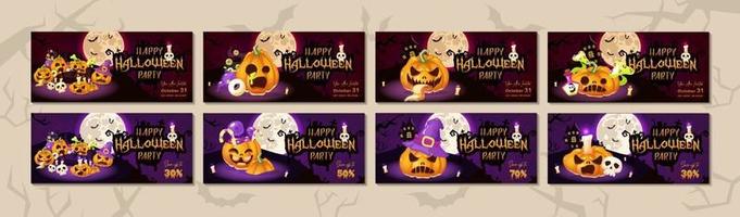 Conjunto de plantillas de vector de banner plano de fiesta de halloween feliz. Diseño de invitación de evento de vacaciones de octubre. Fondo de dibujos animados aterrador y espeluznante con calabaza, luna y letras. paquete de carteles de helloween