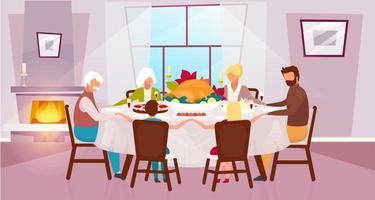 Thanksgiving day flat vector illustration. Annual autumn holiday in United States. Grateful meal. Celebrating harvest together with grandparents. Family dinner with turkey cartoon characters