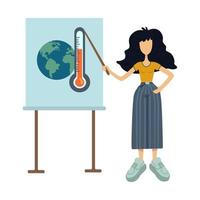 Zero waste flat cartoon vector illustration. Woman makes presentation. Global warming awareness. Ready to use 2d character template for commercial, animation, printing design. Isolated comic hero