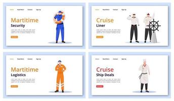 Conjunto de plantillas vectoriales de página de destino de personajes marítimos. idea de interfaz de sitio web de seguridad marina con ilustraciones planas. Diseño de página de inicio de ideas de logística. Banner de web de ofertas de cruceros, concepto de dibujos animados de página web vector