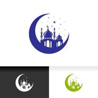 mezquita, icono, silueta, logotipo, vector, diseño, aislado, en, luna creciente, ilustración vector