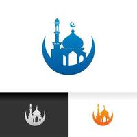 mezquita, icono, silueta, logotipo, vector, diseño, aislado, en, luna creciente, ilustración vector