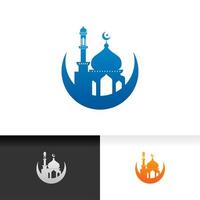 Mosque icon silhouette logo vector design isolated on crescent moon illustration