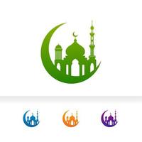 Mosque icon silhouette logo vector design isolated on crescent moon illustration