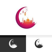 Mosque icon silhouette logo vector illustration design template isolated on crescent moon and lantern design.