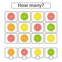 Game for preschool children. Count as many fruits in the picture and write down the result. With a place for answers. Simple flat isolated vector illustration.