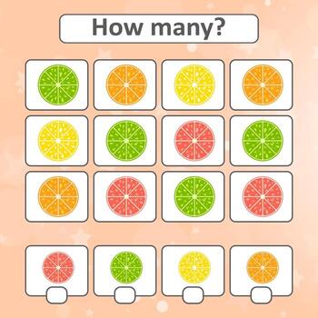 Game for preschool children. Count as many fruits in the picture and write down the result. With a place for answers. Simple flat isolated vector illustration.