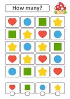 juego para niños en edad preescolar. cuente tantas frutas en la imagen y anote el resultado. corazón, círculo, cuadrado, estrella. con un lugar para las respuestas. Ilustración de vector aislado plano simple.