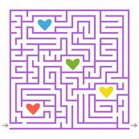 Purple square labyrinth. Collect all the colored hearts and find a way out of the maze. An interesting game for children. Simple flat vector illustration.