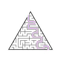 A triangular labyrinth, a pyramid with a black stroke. A game for children. Simple flat vector illustration isolated on white background. With the answer.