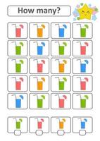 Counting game for preschool children for the development of mathematical abilities. How many drinks of different colors. With a place for answers. Simple flat isolated vector illustration.